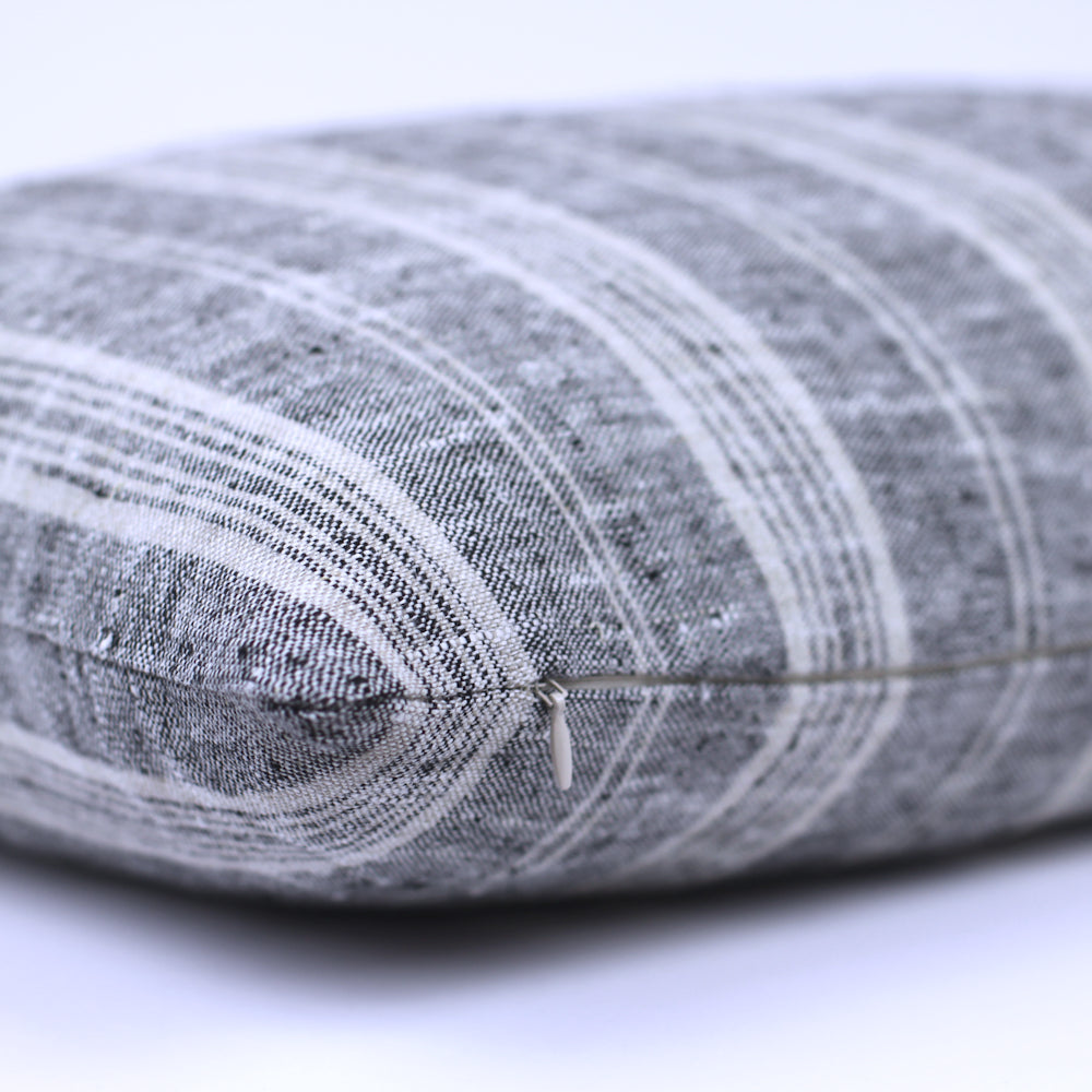 Linen Pillow Cover - Lumbar - Heather Black with Light Natural Stripes - 12 x 20 - Stonewashed - Luxury Thick Linen