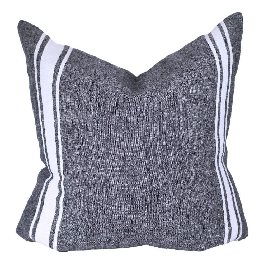 Linen Pillow Cover - Sham - Black with Basic White Stripes - 22 x 22 - Stonewashed - Luxury Thick Linen
