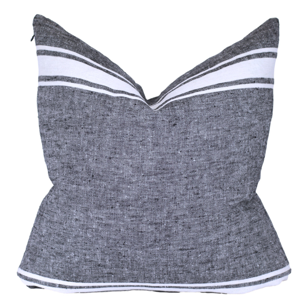 Linen Pillow Cover - Sham - Black with Basic White Stripes - 22 x 22 - Stonewashed - Luxury Thick Linen