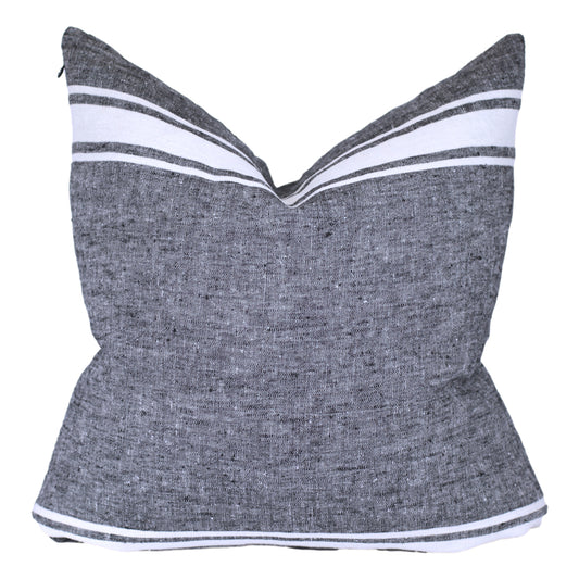 Linen Pillow Cover - Sham - Black with Basic White Stripes - 22 x 22 - Stonewashed - Luxury Thick Linen