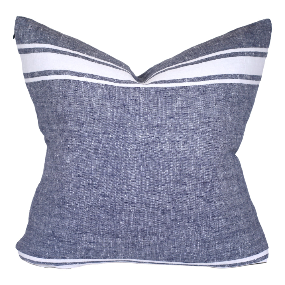 Linen Pillow Cover - Sham - Blue with Basic White Stripes - 22 x 22 - Stonewashed - Luxury Thick Linen
