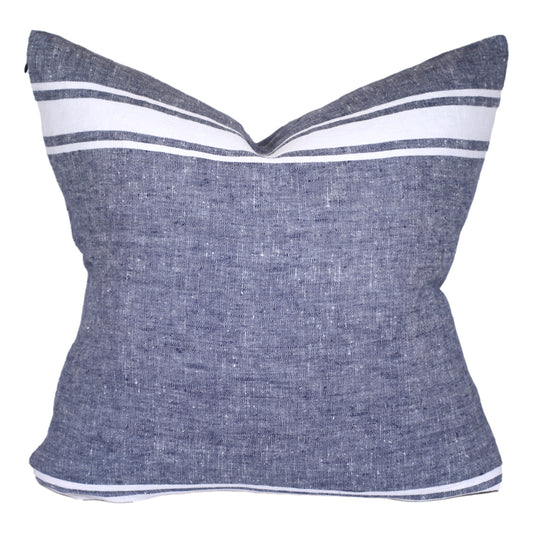 Linen Pillow Cover - Sham - Blue with Basic White Stripes - 22 x 22 - Stonewashed - Luxury Thick Linen