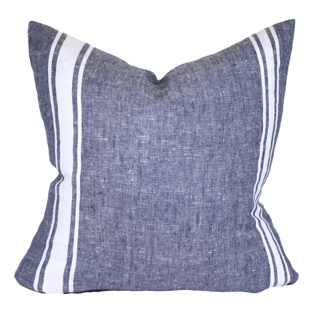 Linen Pillow Cover - Sham - Blue with Basic White Stripes - 22 x 22 - Stonewashed - Luxury Thick Linen