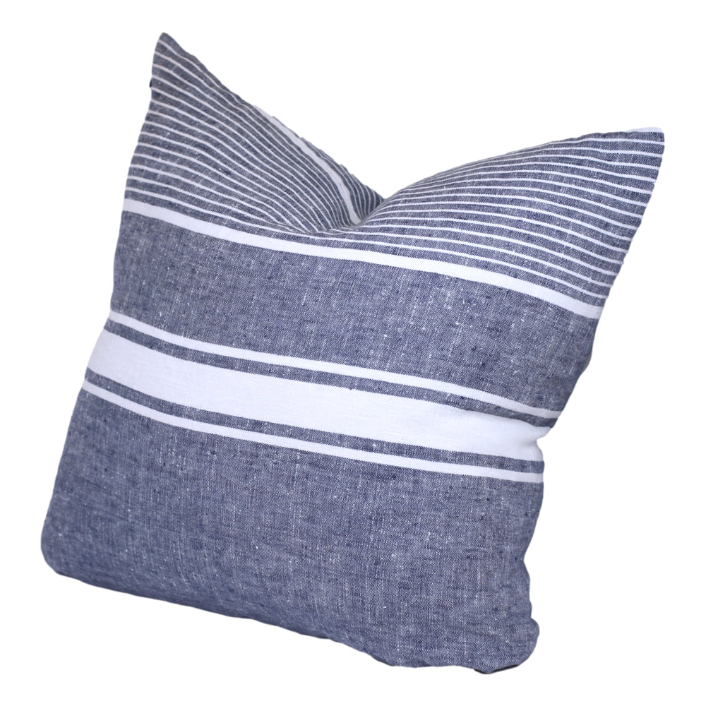 Linen Pillow Cover - Sham - Blue with White Pinstripes - 22 x 22 - Stonewashed - Luxury Thick Linen