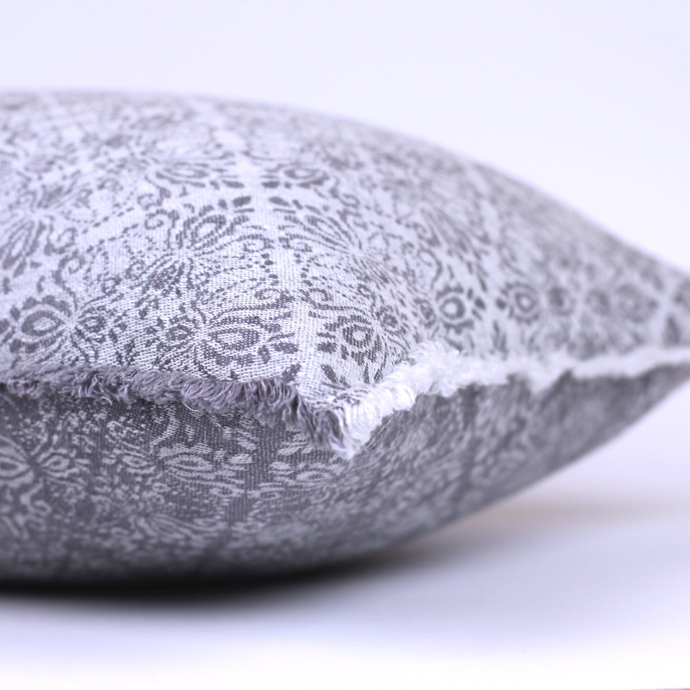 Linen Pillow Cover - Sham - Grey Jacquard - 22 x 22 - Stonewashed - Textured - Frayed Edges - Double-sided - Grey and Charcoal Colors