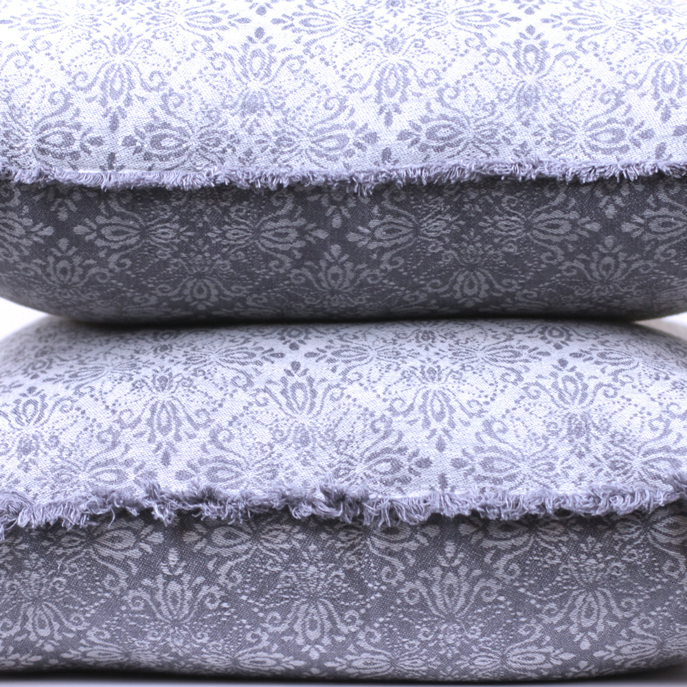 Linen Pillow Cover - Sham - Grey Jacquard - 22 x 22 - Stonewashed - Textured - Frayed Edges - Double-sided - Grey and Charcoal Colors