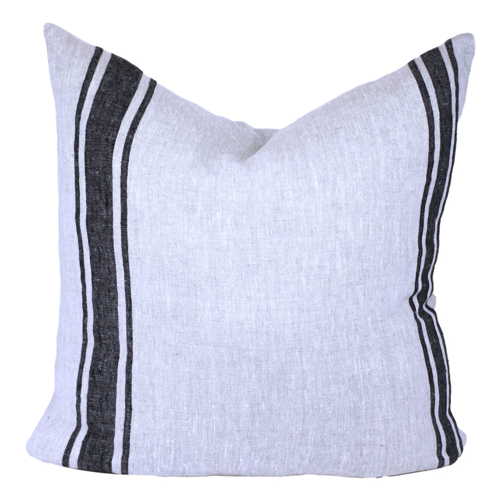 Linen Pillow Cover - Sham - Grey with Basic Black Stripes - 22 x 22 - Stonewashed - Luxury Thick Linen