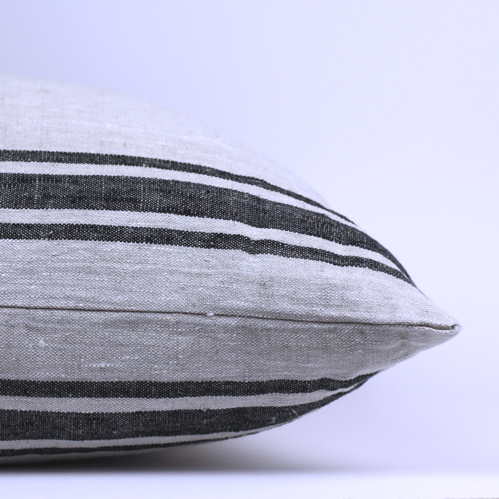 Linen Pillow Cover - Sham - Grey with Basic Black Stripes - 22 x 22 - Stonewashed - Luxury Thick Linen