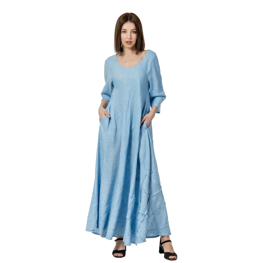 Stonewashed linen Women Dress Paola - pure 100% linen flax light blue with frayed decoration pre-washed laundered Europe European linen lint Free Stonewashed linen Women Dress Paola - pure 100% linen flax light blue with frayed decoration pre-washed laundered Europe European linen lint Free