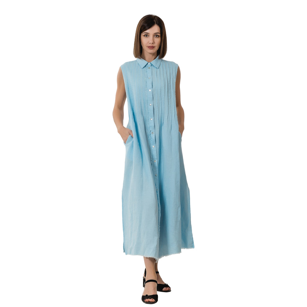 Linen Dress - Light Blue with Tucks - Stonewashed - Luxury Medium Thick Linen