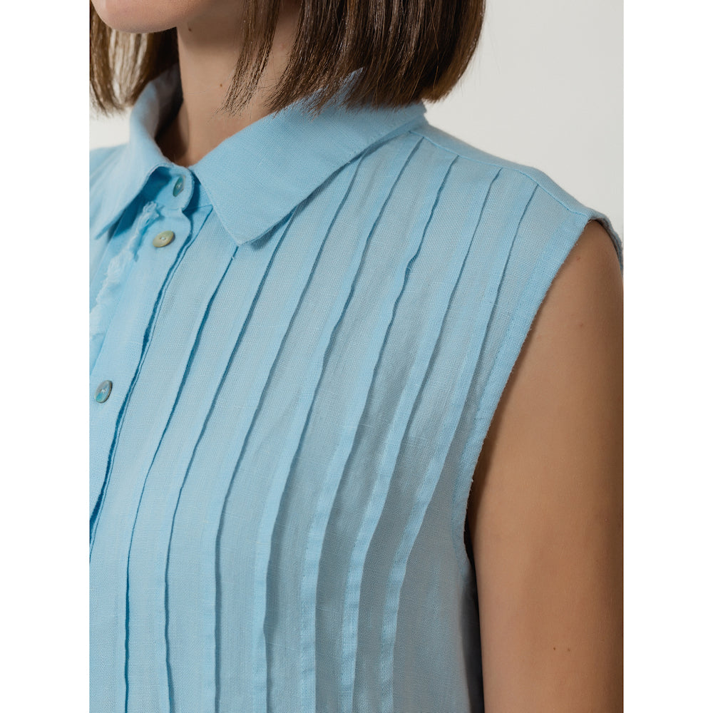 Linen Dress - Light Blue with Tucks - Stonewashed - Luxury Medium Thick Linen