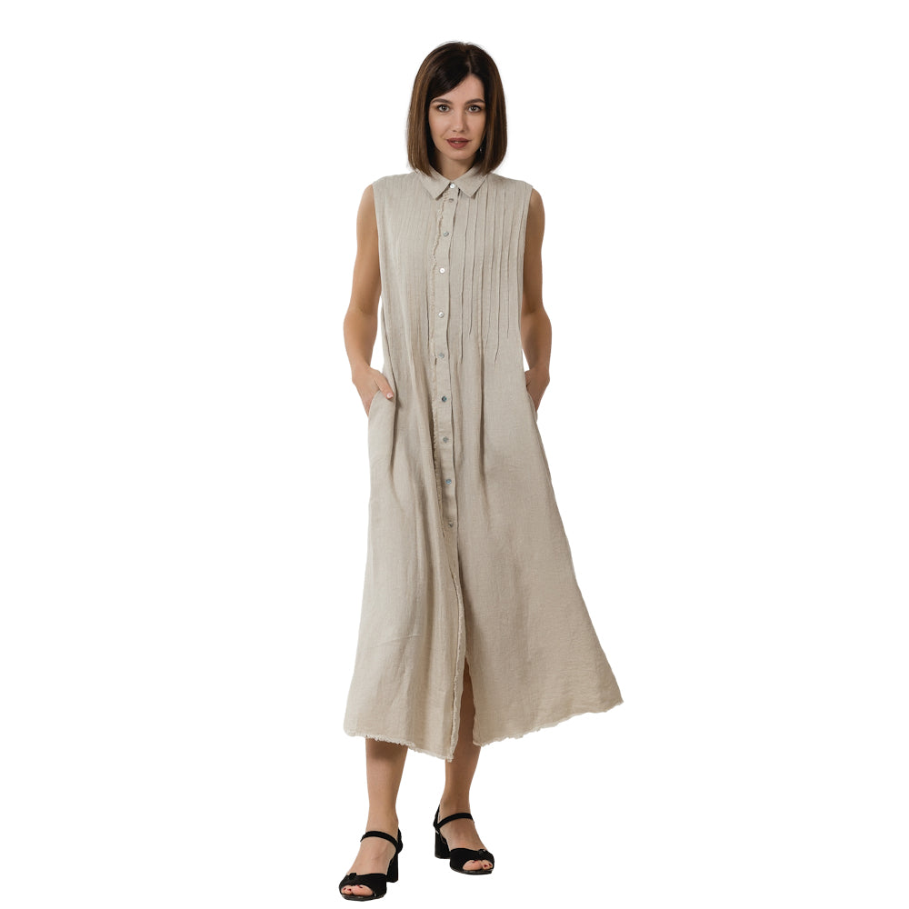 Linen Dress - Light Natural with Tucks - Stonewashed - Luxury Medium Thick Linen