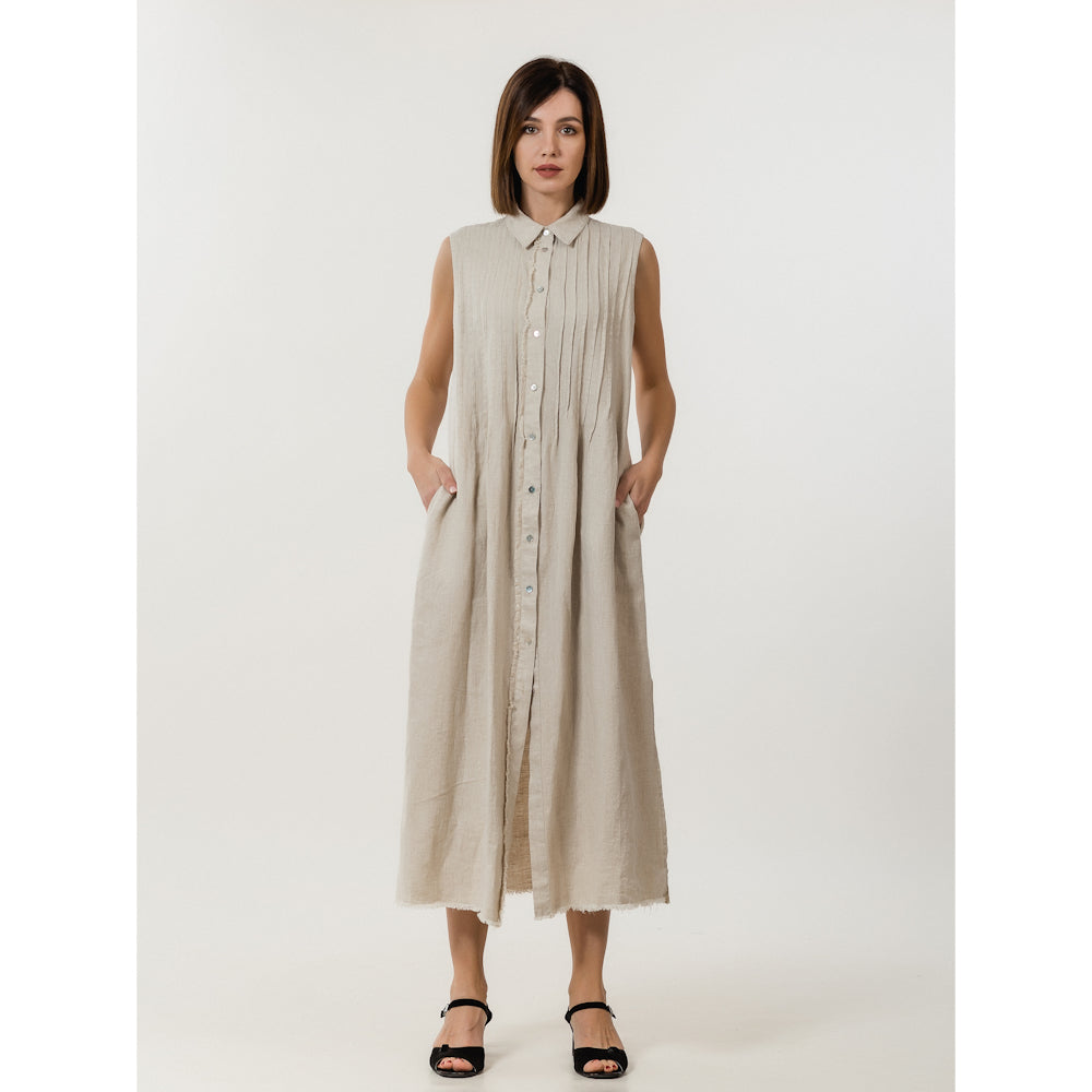 Linen Dress - Light Natural with Tucks - Stonewashed - Luxury Medium Thick Linen