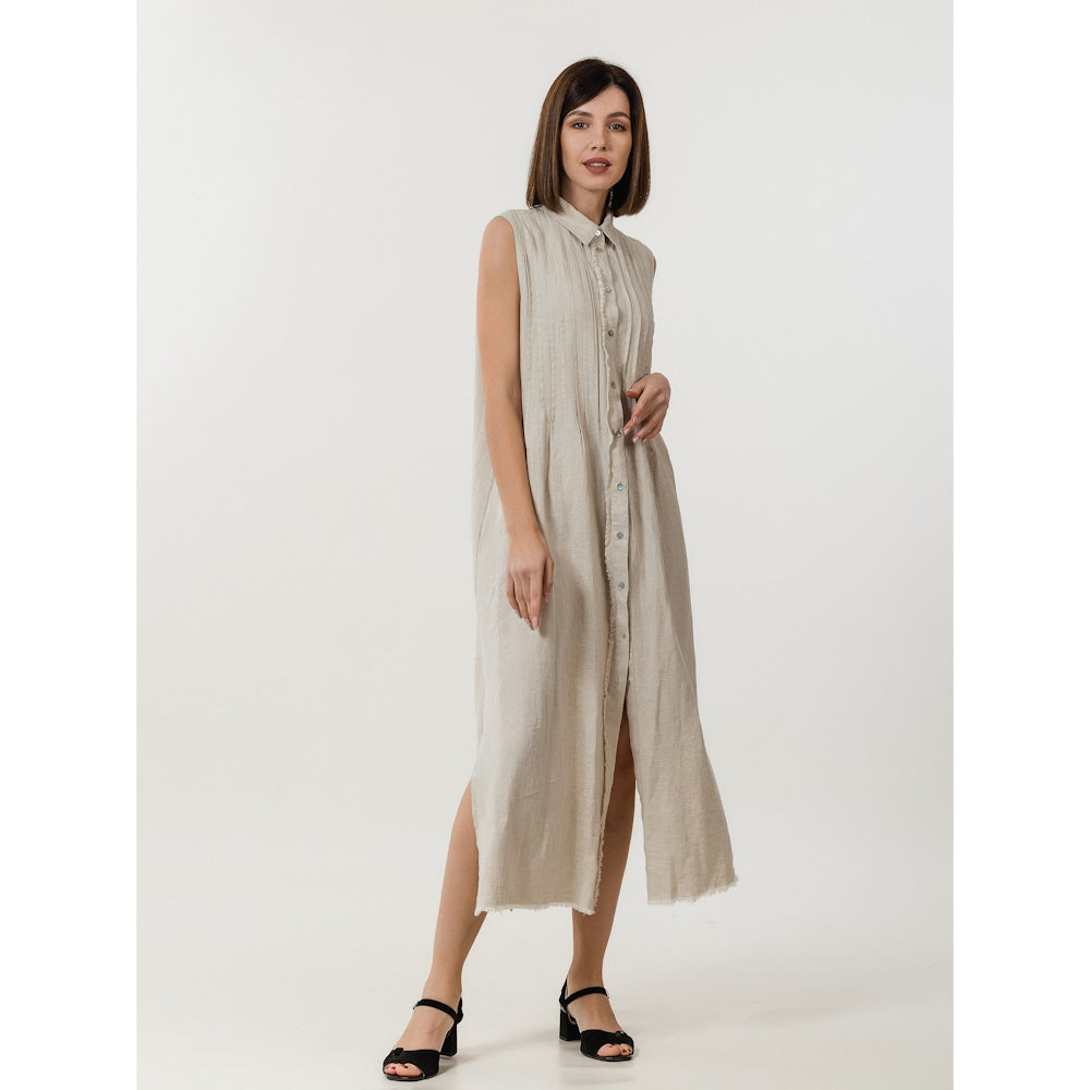 Linen Dress - Light Natural with Tucks - Stonewashed - Luxury Medium Thick Linen