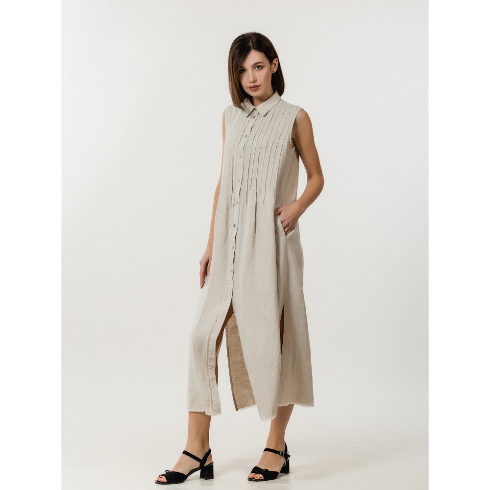 Linen Dress - Light Natural with Tucks - Stonewashed - Luxury Medium Thick Linen