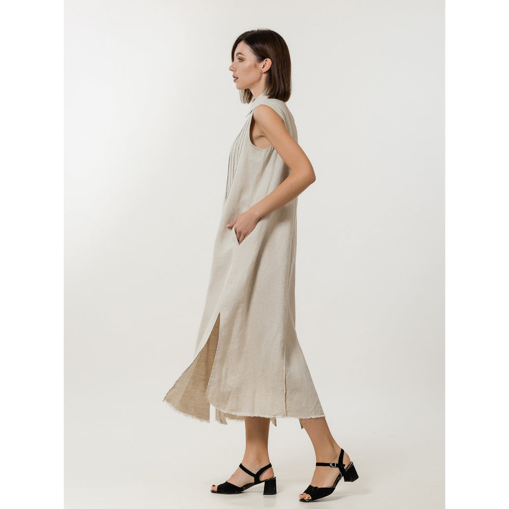 Linen Dress - Light Natural with Tucks - Stonewashed - Luxury Medium Thick Linen