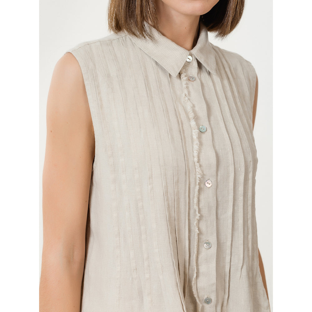 Linen Dress - Light Natural with Tucks - Stonewashed - Luxury Medium Thick Linen