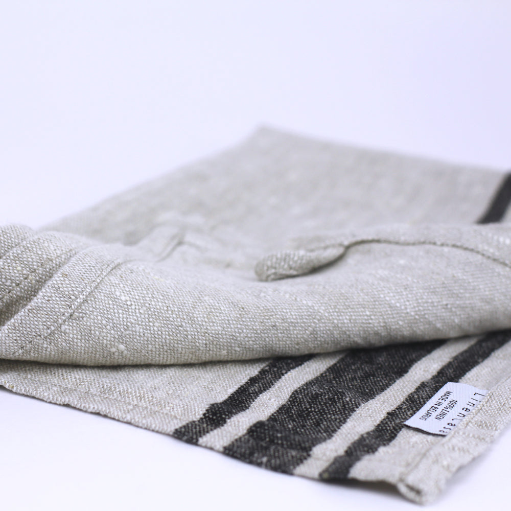 Linen Guest Towel - Stonewashed - Grey with Black Stripes - Luxury Thick Linen