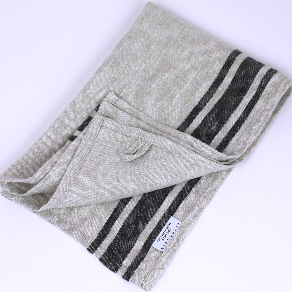 Linen Guest Towel - Stonewashed - Grey with Black Stripes - Luxury Thick Linen