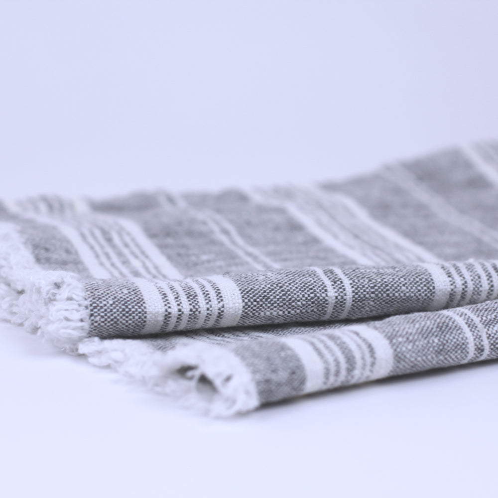 Linen Guest Towel - Stonewashed - Heather Grey with White Stripes and Frayed Edges - Luxury Thick Linen