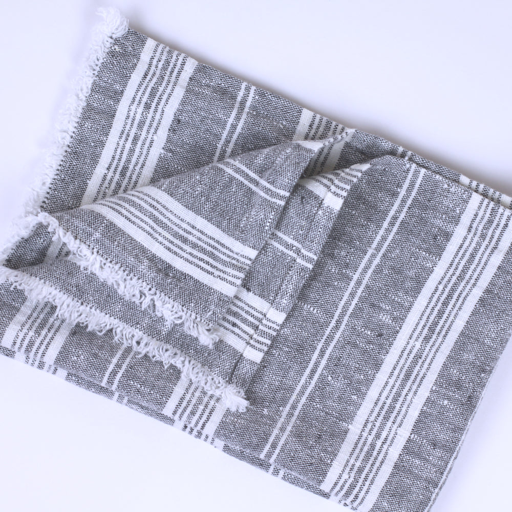Linen Guest Towel - Stonewashed - Heather Grey with White Stripes and Frayed Edges - Luxury Thick Linen