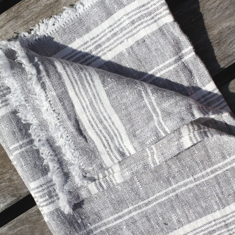 Linen Guest Towel - Stonewashed - Heather Grey with White Stripes and Frayed Edges - Luxury Thick Linen
