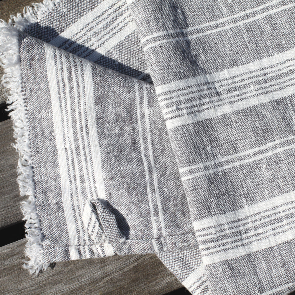 Linen Guest Towel - Stonewashed - Heather Grey with White Stripes and Frayed Edges - Luxury Thick Linen