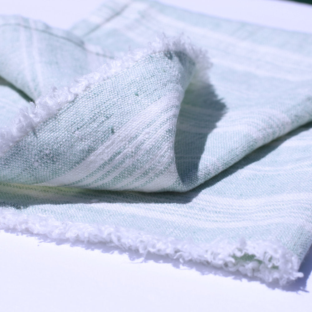 Linen Guest Towel - Stonewashed - Heather Light Green with White Stripes and Frayed Edges - Luxury Thick Linen