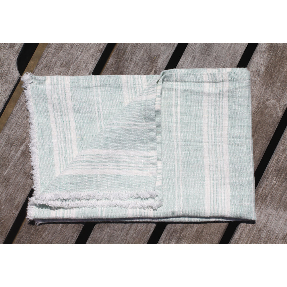 Linen Guest Towel - Stonewashed - Heather Light Green with White Stripes and Frayed Edges - Luxury Thick Linen