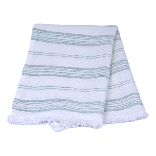 Linen Guest Towel - Stonewashed - White with Light Green Stripes and Frayed Edges - Luxury Thick Linen