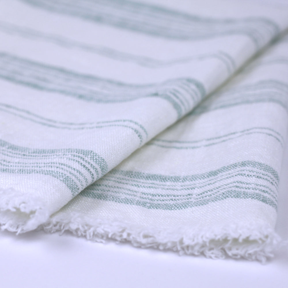 Linen Guest Towel - Stonewashed - White with Light Green Stripes and Frayed Edges - Luxury Thick Linen