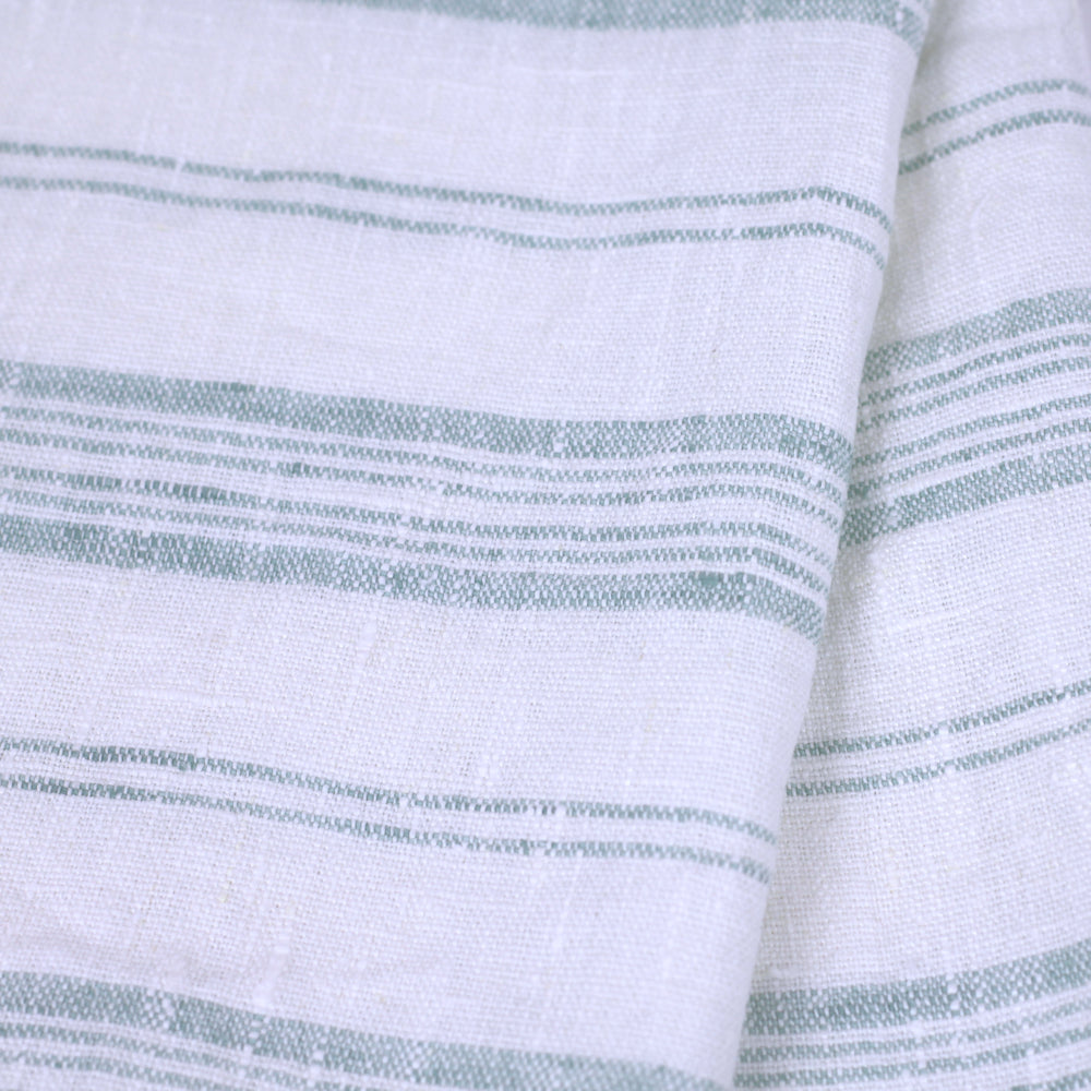 Linen Guest Towel - Stonewashed - White with Light Green Stripes and Frayed Edges - Luxury Thick Linen