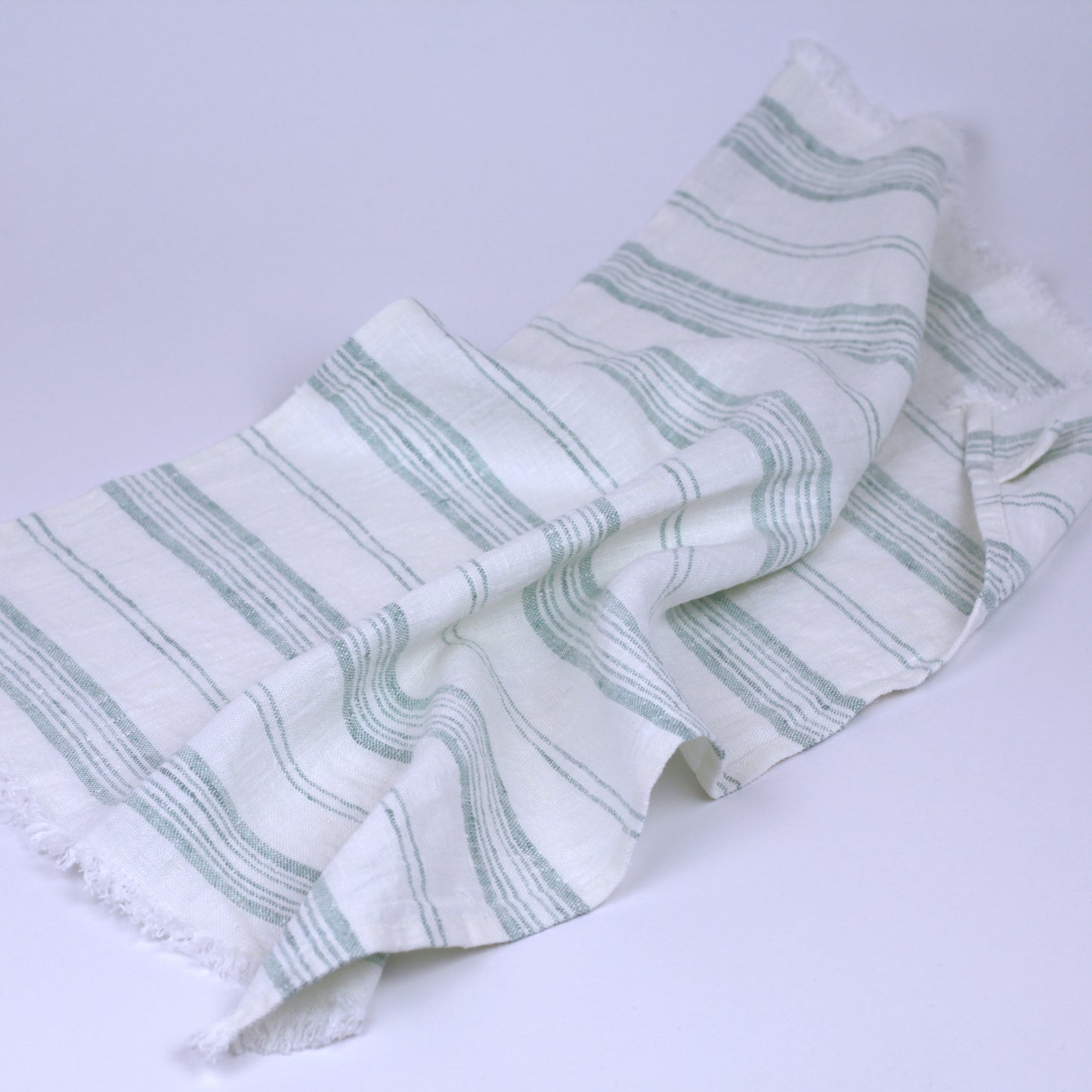 Linen Guest Towel - Stonewashed - White with Light Green Stripes and Frayed Edges - Luxury Thick Linen