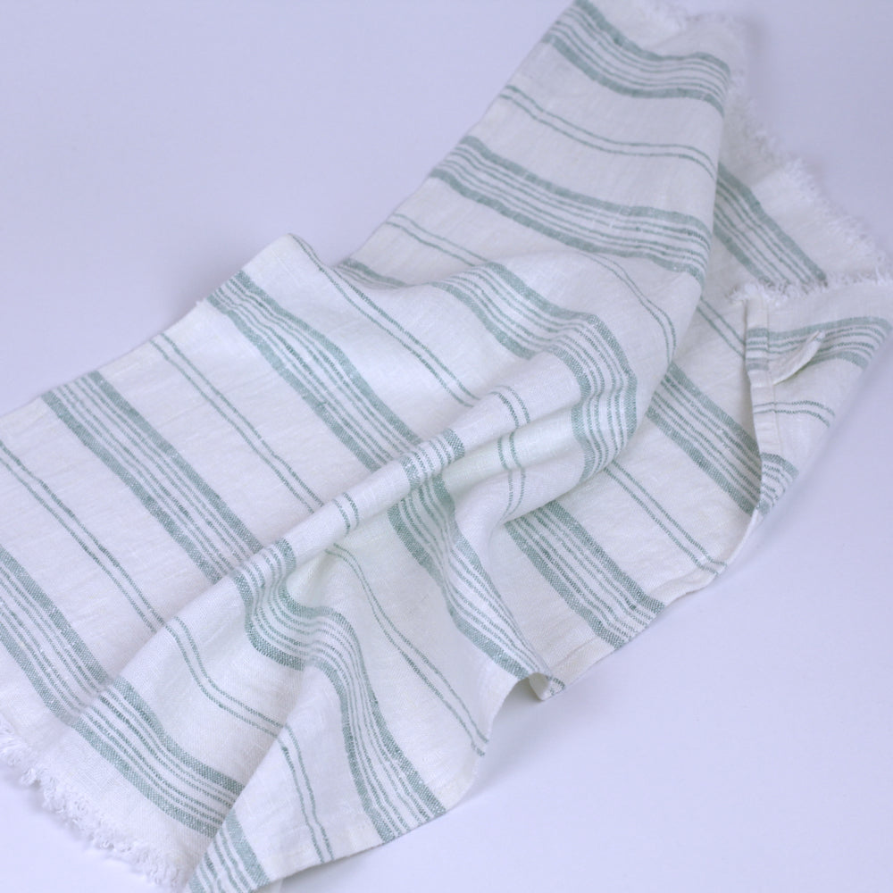 Linen Guest Towel - Stonewashed - White with Light Green Stripes and Frayed Edges - Luxury Thick Linen