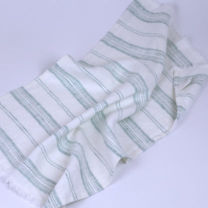 Linen Guest Towel - Stonewashed - White with Light Green Stripes and Frayed Edges - Luxury Thick Linen