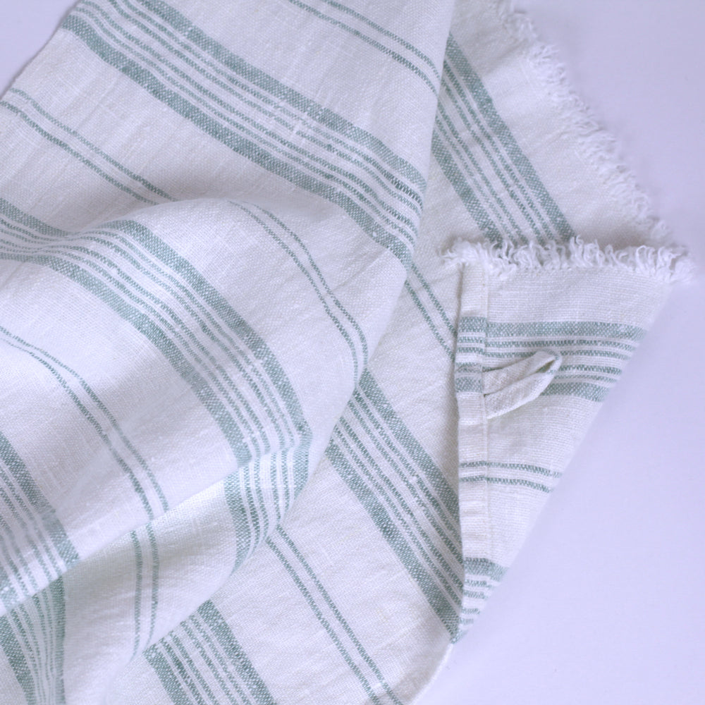 Linen Guest Towel - Stonewashed - White with Light Green Stripes and Frayed Edges - Luxury Thick Linen