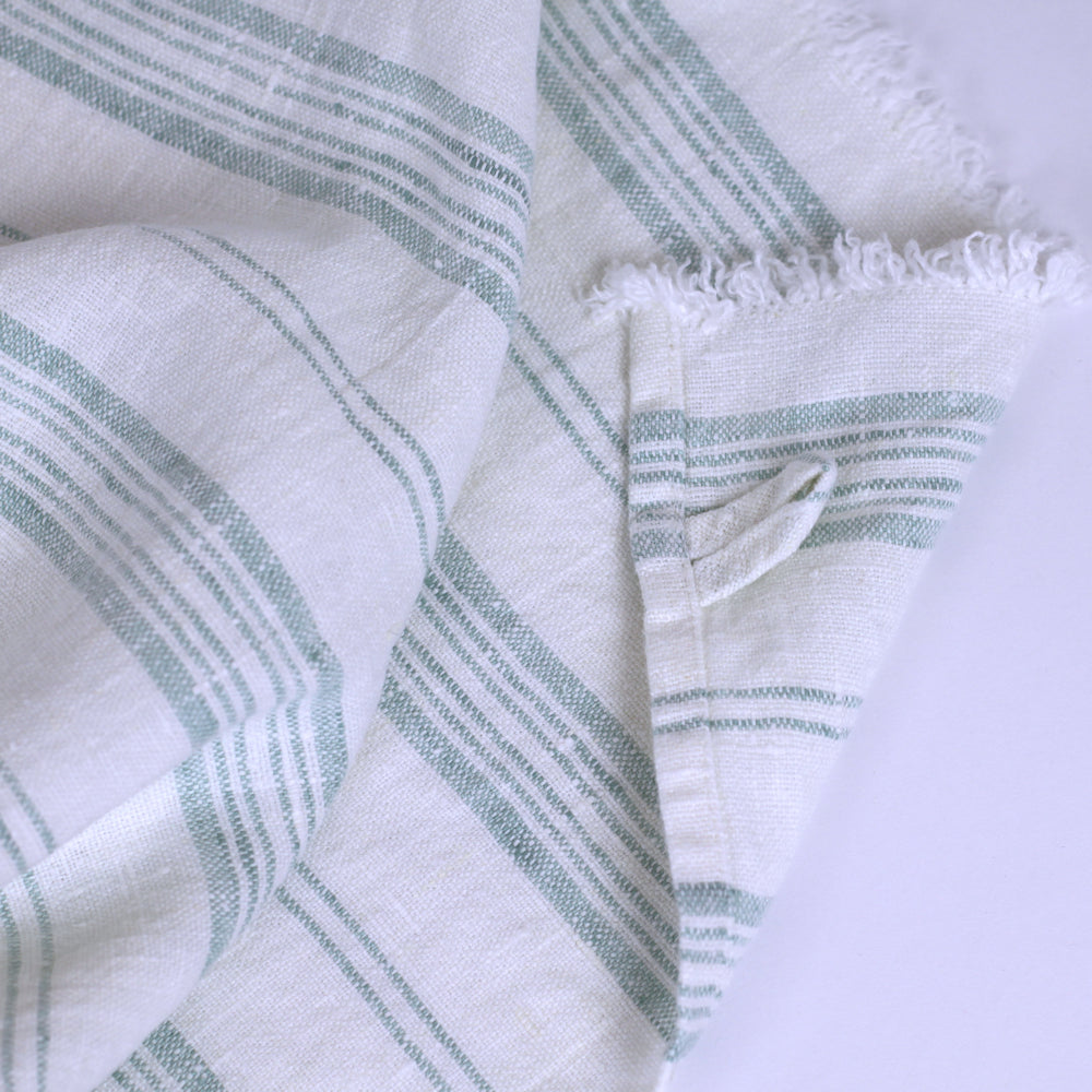 Linen Guest Towel - Stonewashed - White with Light Green Stripes and Frayed Edges - Luxury Thick Linen