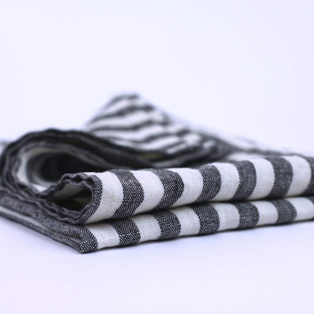 Linen Kitchen Towel - Stonewashed - Black White Medium Stripes - Thin Linen