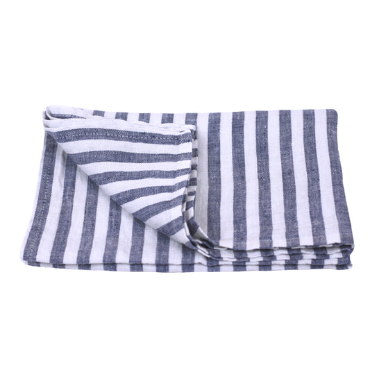 Linen Kitchen Towel - Stonewashed - Blue White Medium Stripes - Thin Linen