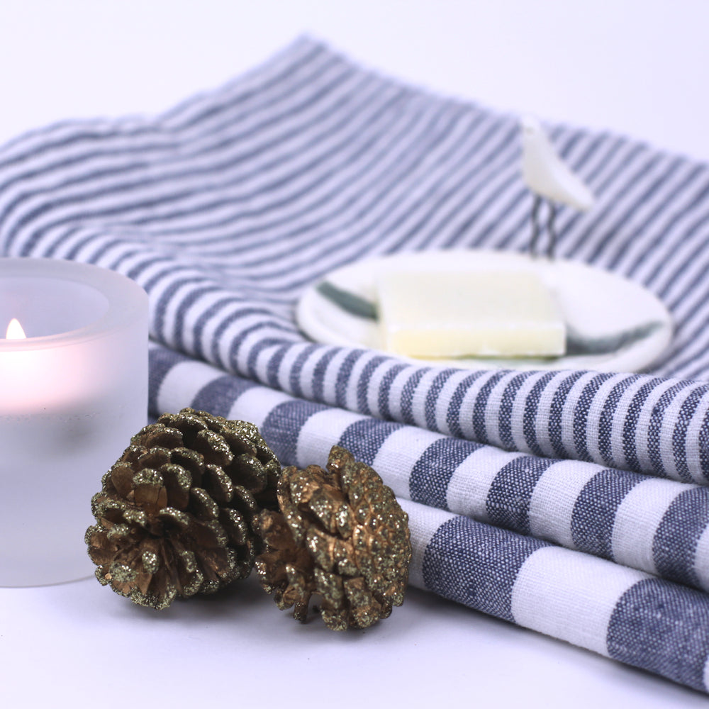 Linen Kitchen Towel - Stonewashed - Blue White Medium Stripes - Thin Linen