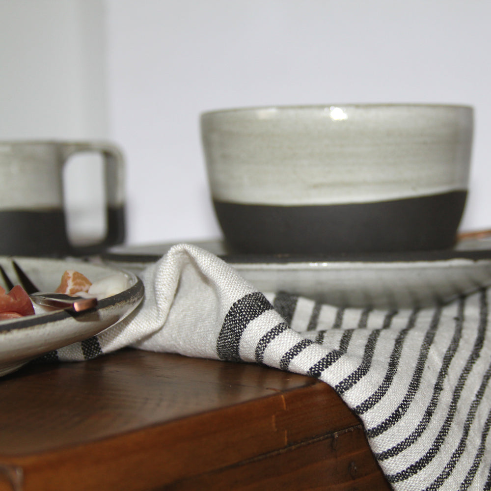 Linen Hand Towel - Stonewashed - Grey with Black Stripes 2 - Luxury Thick Linen