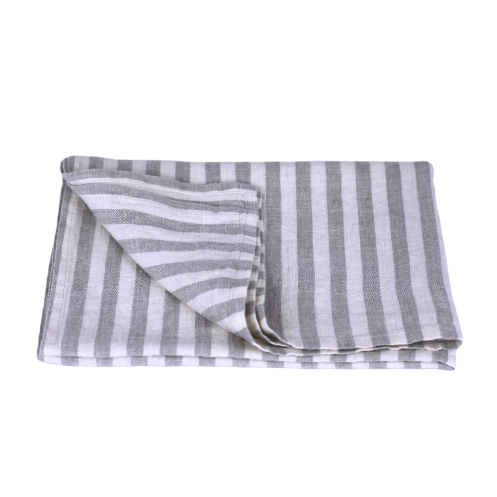 Linen Kitchen Towel - Stonewashed - Grey White Medium Stripes - Thin Linen