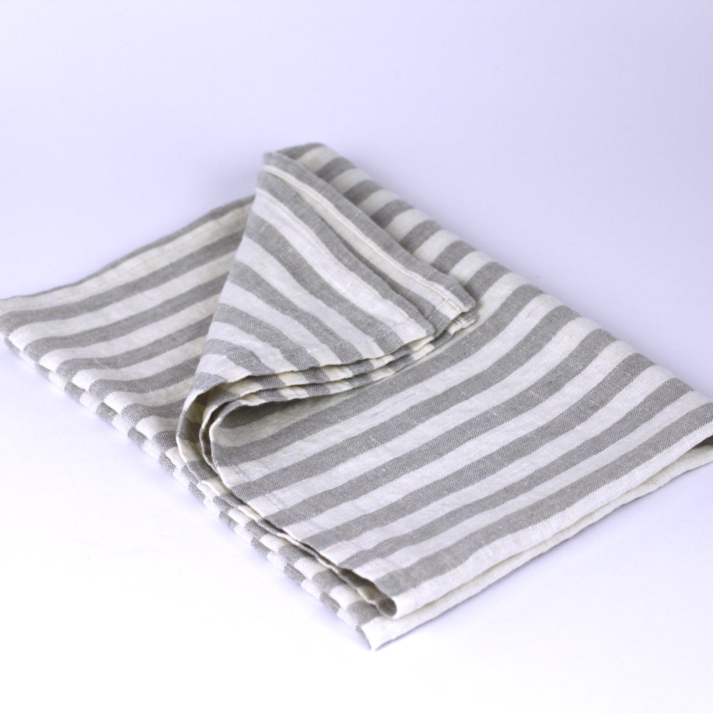 Linen Kitchen Towel - Stonewashed - Grey White Medium Stripes - Thin Linen