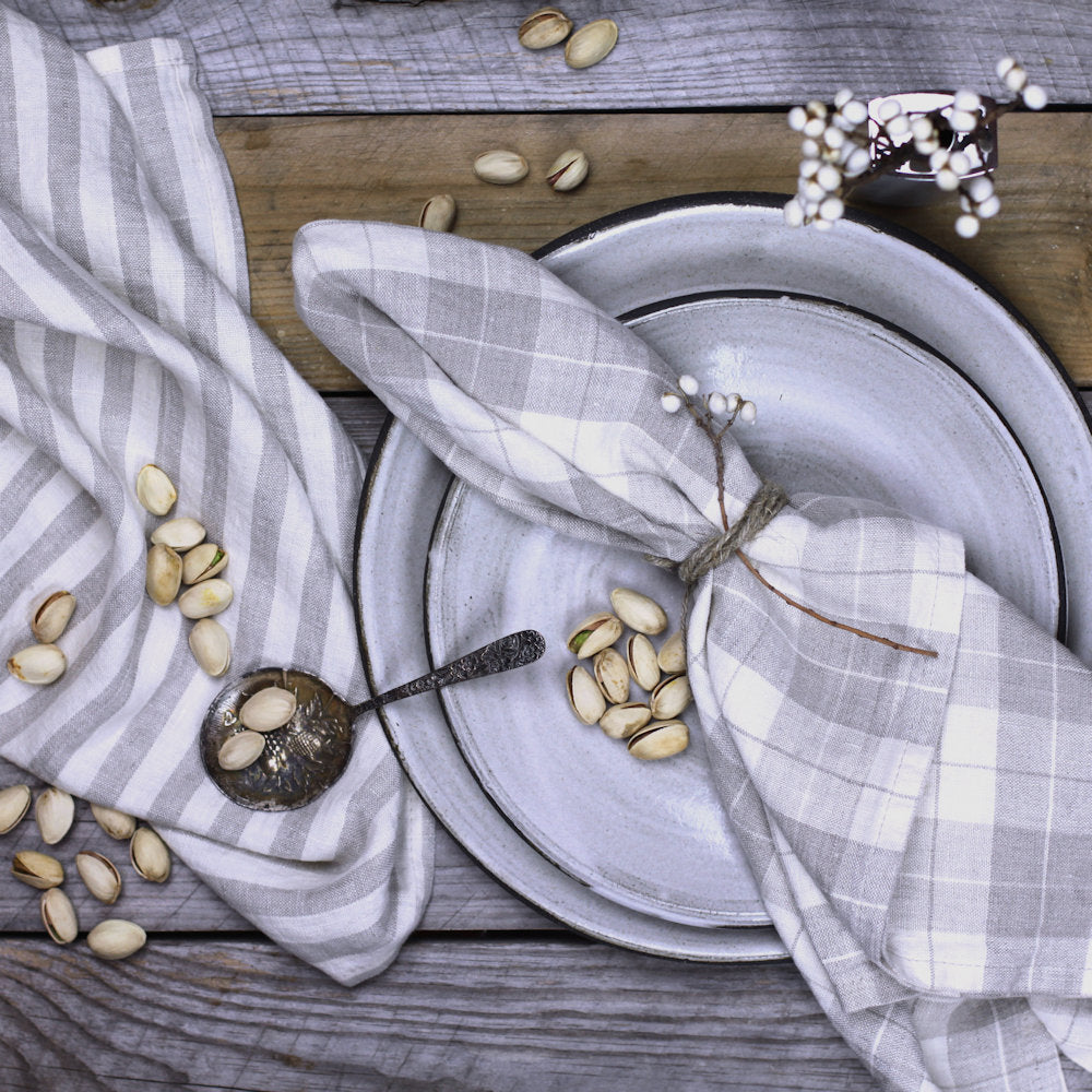 Linen Kitchen Towel - Stonewashed - Grey White Medium Stripes - Thin Linen