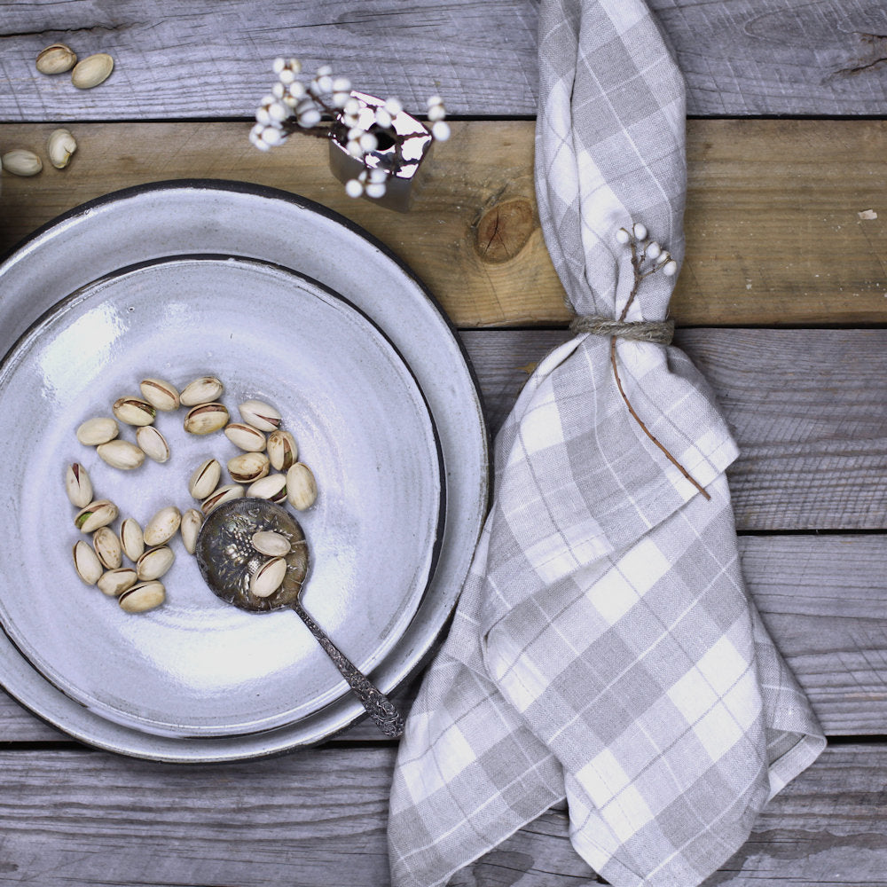 Linen Kitchen Towel - Stonewashed - Grey White Squares - Thin Linen