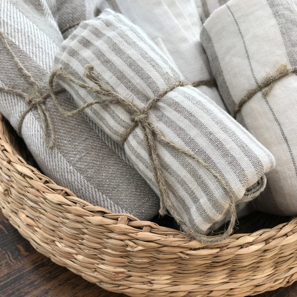 Linen Kitchen Towel - Stonewashed - Grey White Thin Stripes - Thin Linen