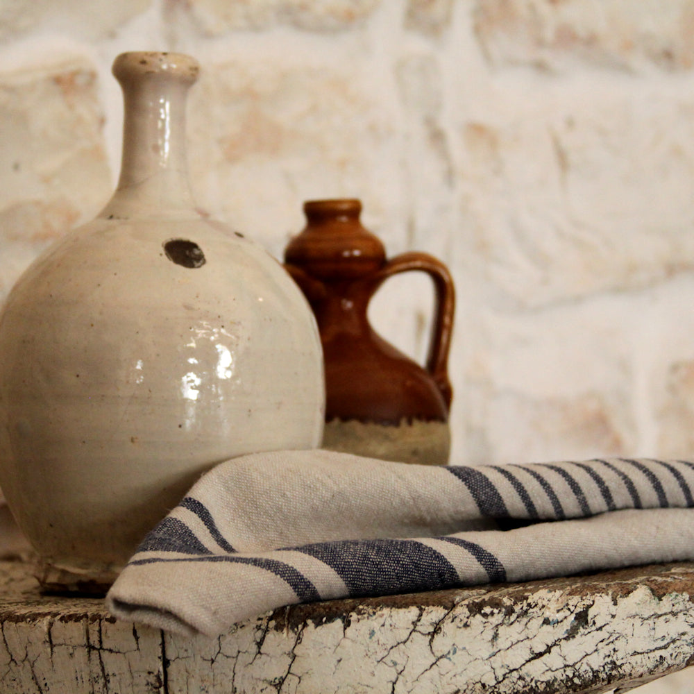 Linen Hand Towel - Stonewashed - Grey with Blue Stripes 2 - Luxury Thick Linen