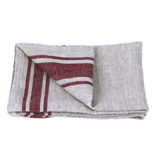 Linen Hand Towel - Stonewashed - Grey with Bordeaux Stripes - Luxury Thick Linen