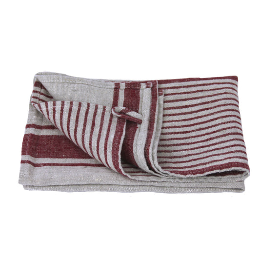 Linen Hand Towel - Stonewashed - Grey with Bordeaux Stripes 2 - Luxury Thick Linen