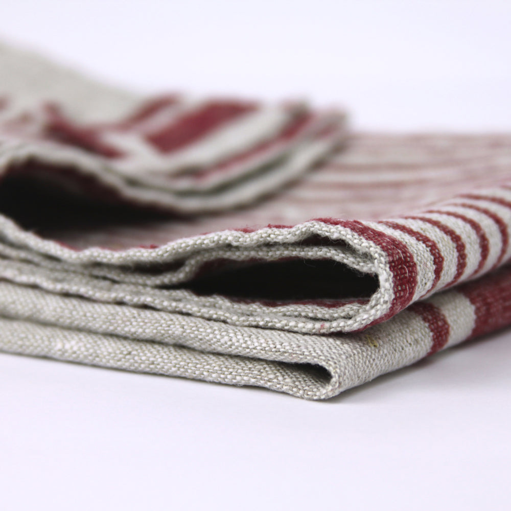 Linen Hand Towel - Stonewashed - Grey with Bordeaux Stripes 2 - Luxury Thick Linen